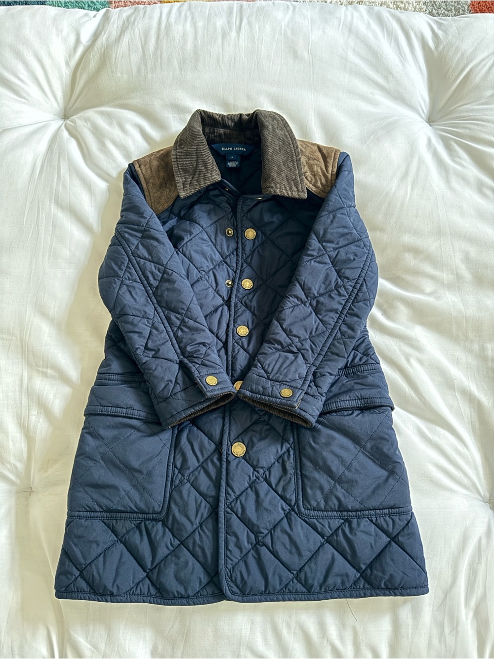 Ralph Lauren Navy Quilted Puffer Coat with Brown Corduroy Accents